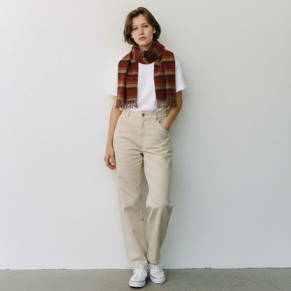 Multicolor Orange Beige Brown Cream Striped Fringe Soft Long Scarf One Size - Picture 1 of 5